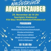 Am 29. November ab 14 Uhr laden wir euch herzlich auf den Sportplatz Waldesruh ein! Freut euch auf: 🍪 Plätzchen- & Weihnachtsschmuckwerkstatt 🎨 Kinderschminken & Märchenerzählen 🎶 Musik & Lichterzauber 🔥 Grill & Glühwein